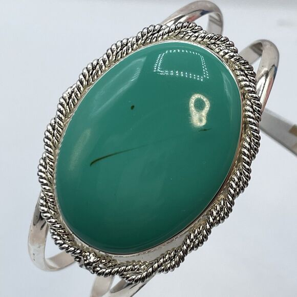 Vintage Best Silver Tone Turquoise Blue Acrylic Cabochon Open Cuff Bracelet - Picture 6 of 7